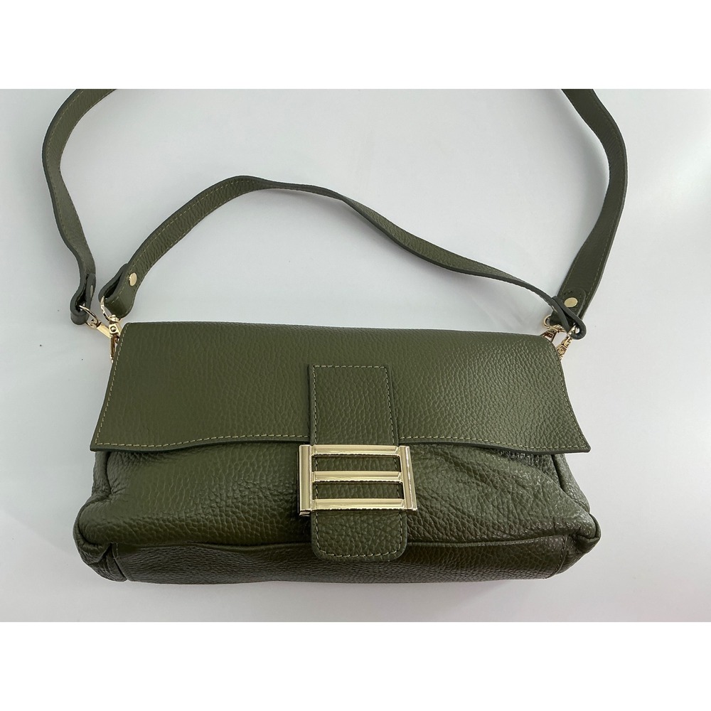 Divina Firenze Olive Green Pebbled Leather Shoulder Bag Made in Italy Gold Tone